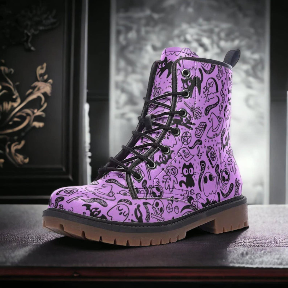 Hippie Art Zone - Pastel Goth Vegan Combat Boots Spooky Cute Witchcore Creepy Cute Boots.