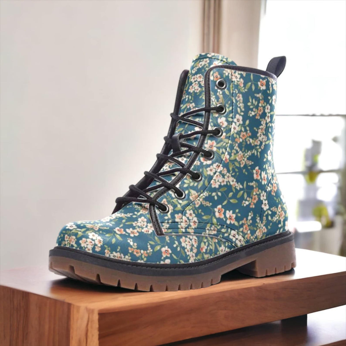 Hippie Art Zone - Blue &amp; White Floral Vegan Combat Boots.