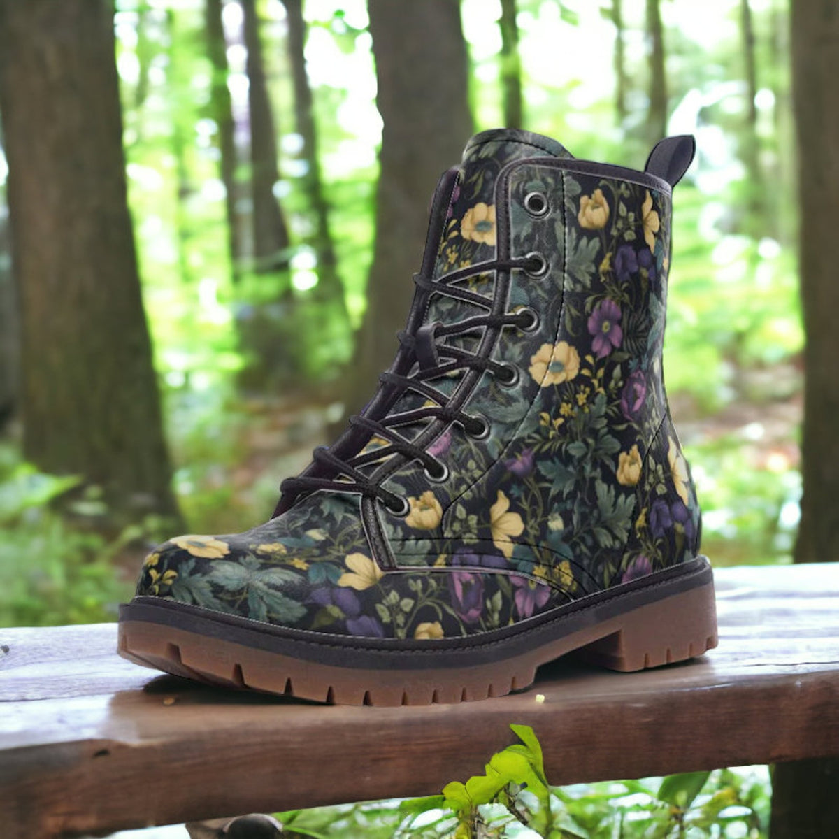 Hippie Art Zone - Dark Floral Vegan Leather Combat Boots.