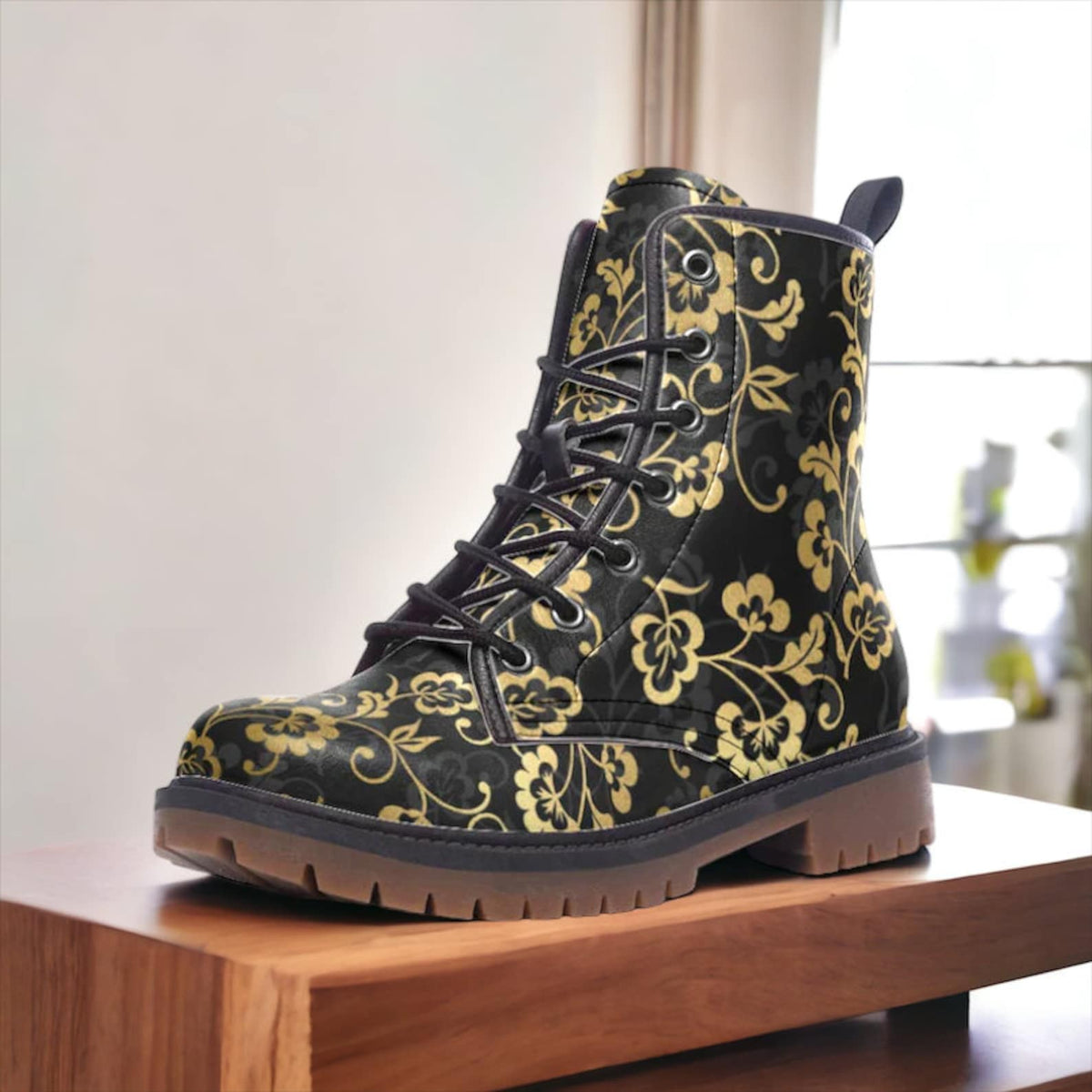 Hippie Art Zone - Black and Faux Gold Floral Vegan Combat Boots.