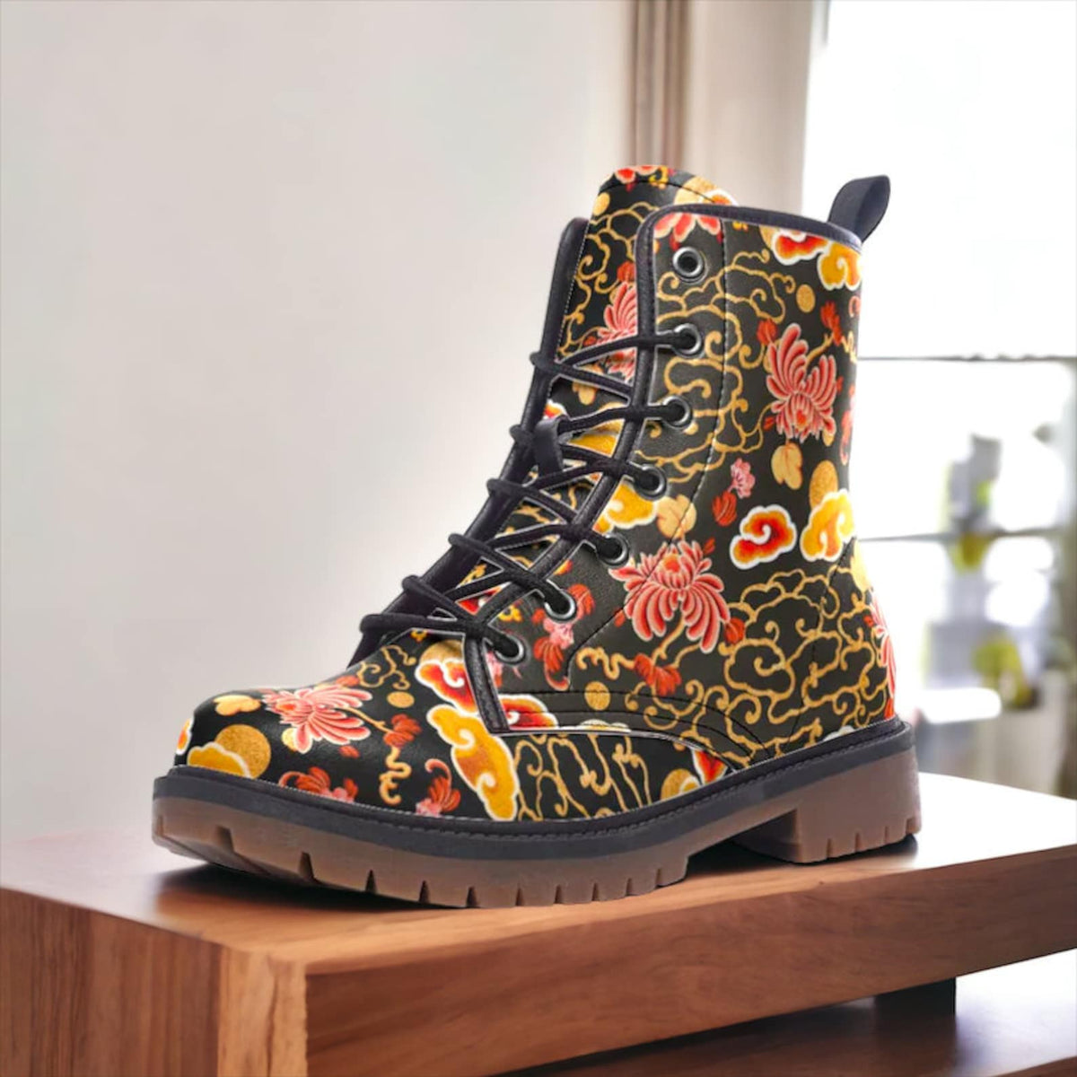 Hippie Art Zone - Black Chinoiserie Combat Boots.