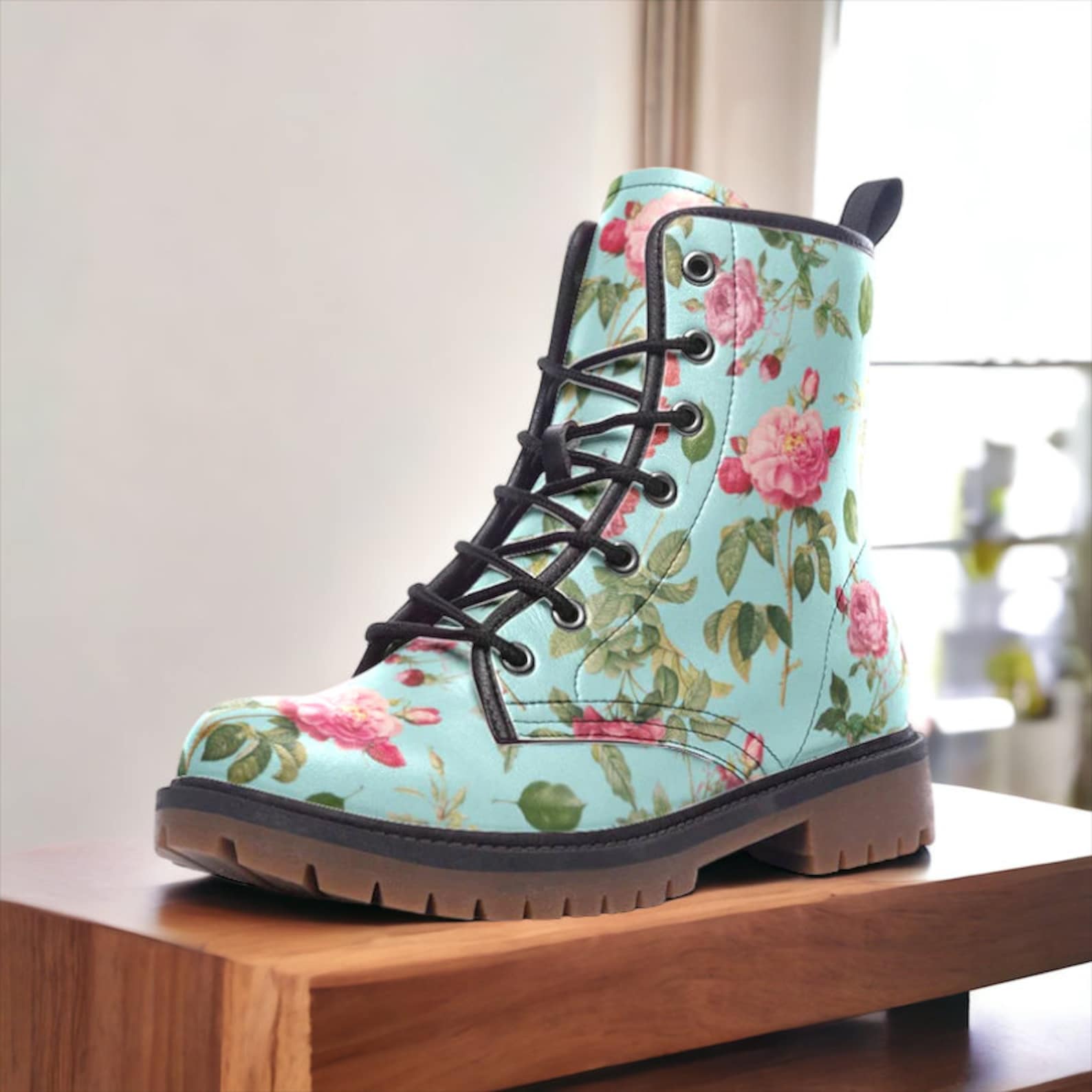Hippie Art Zone - Pink & Blue Floral Vegan Boots.