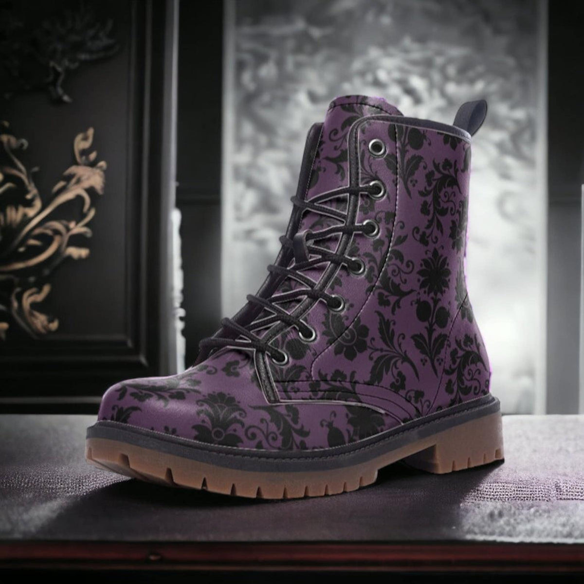 Hippie Art Zone - Gothic Purple &amp; Black Brocade Vegan Combat Boots.