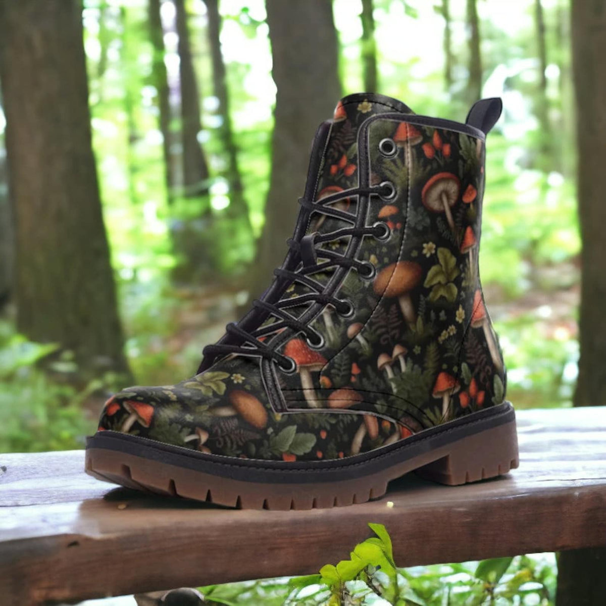 Hippie Art Zone - Dark Forest Mushrooms Vegan Combat Boots.