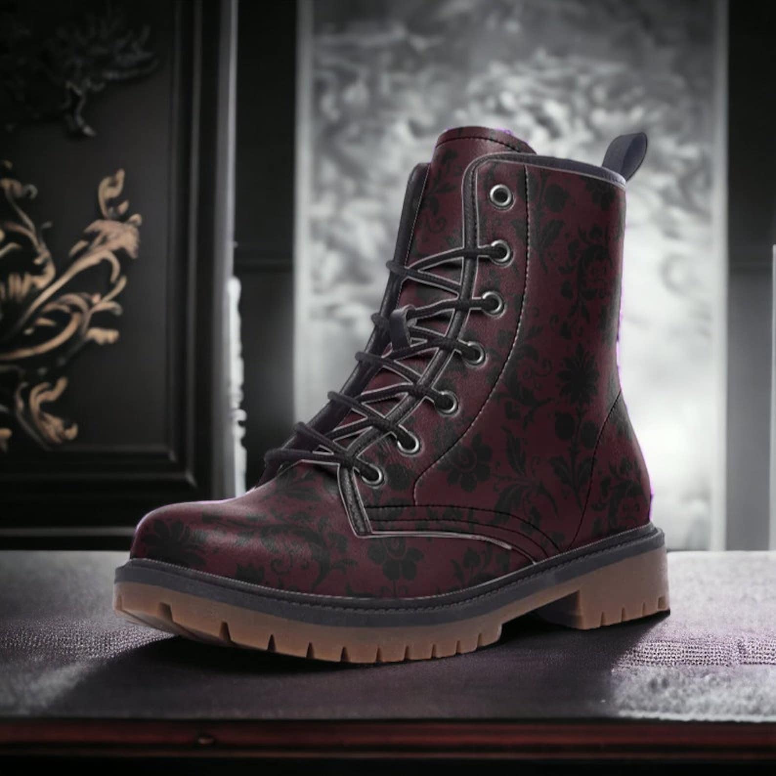 Hippie Art Zone - Gothic Burgundy & Black Brocade Vegan Combat Boots.