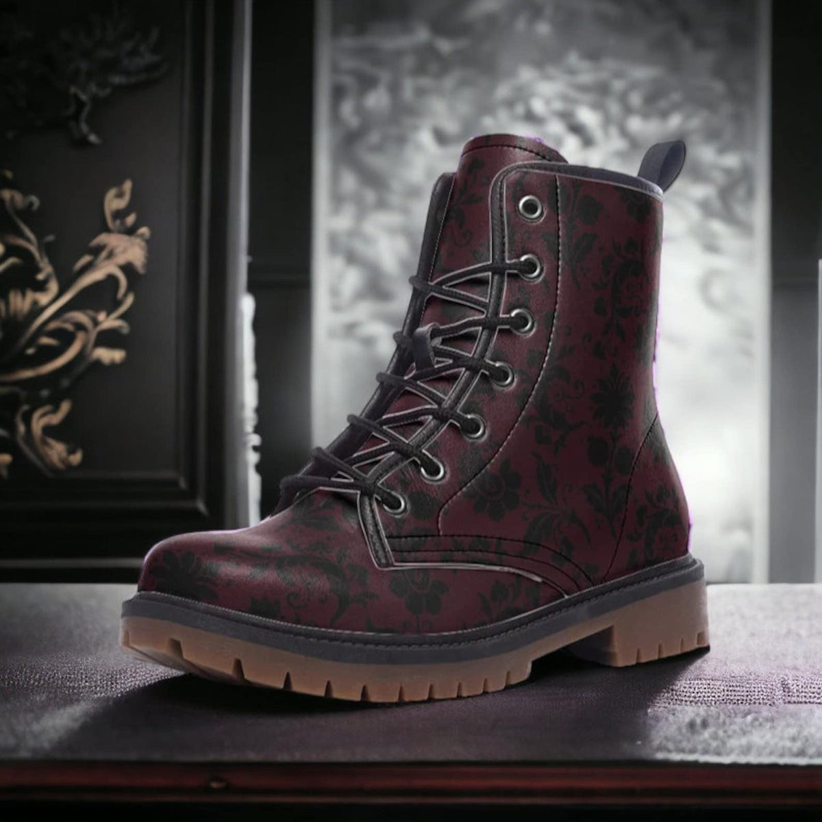 Hippie Art Zone - Gothic Burgundy &amp; Black Brocade Vegan Combat Boots.