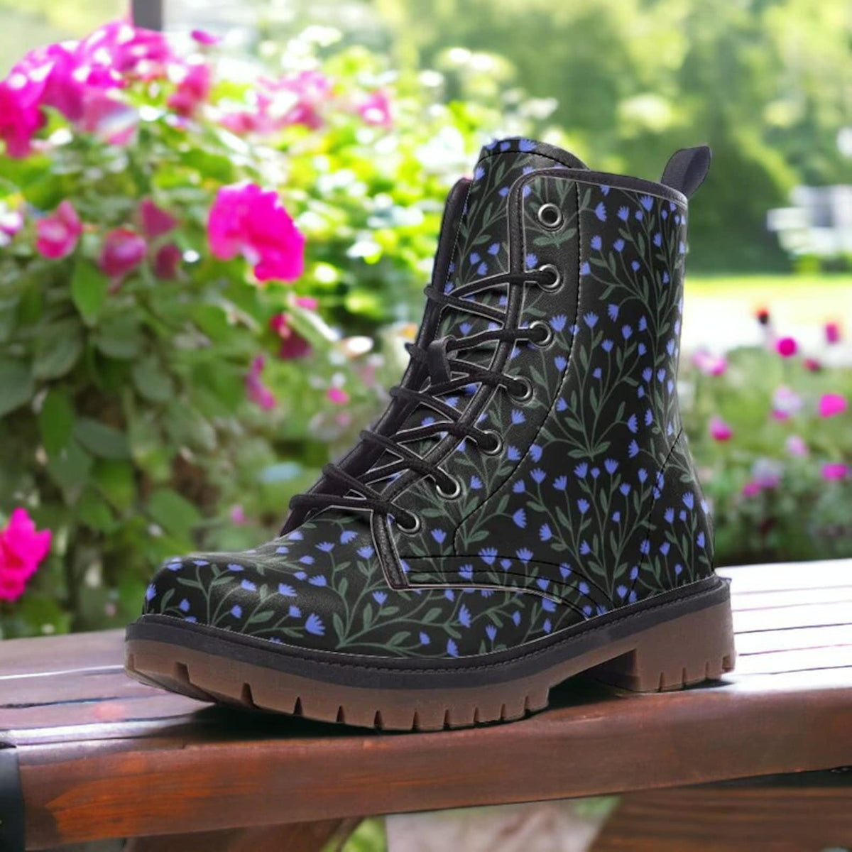 Hippie Art Zone - Blue Disty Floral Lace Up Boots.