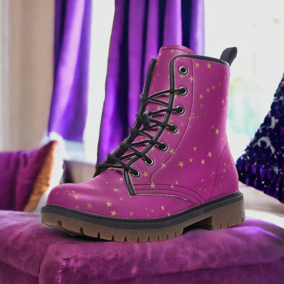 Hippie Art Zone - Fuchsia Gold Stars Vegan Combat Boots.