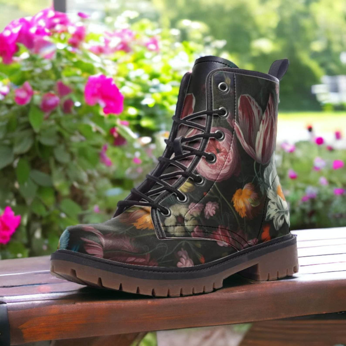 Hippie Art Zone - Dark Floral Vegan Leather Combat Boots.