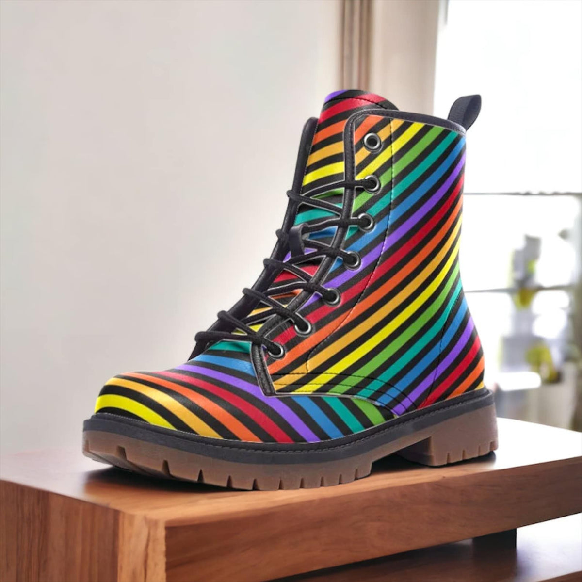 Hippie Art Zone - Rainbow Stripes Vegan Leather Combat Boots Ver 2.