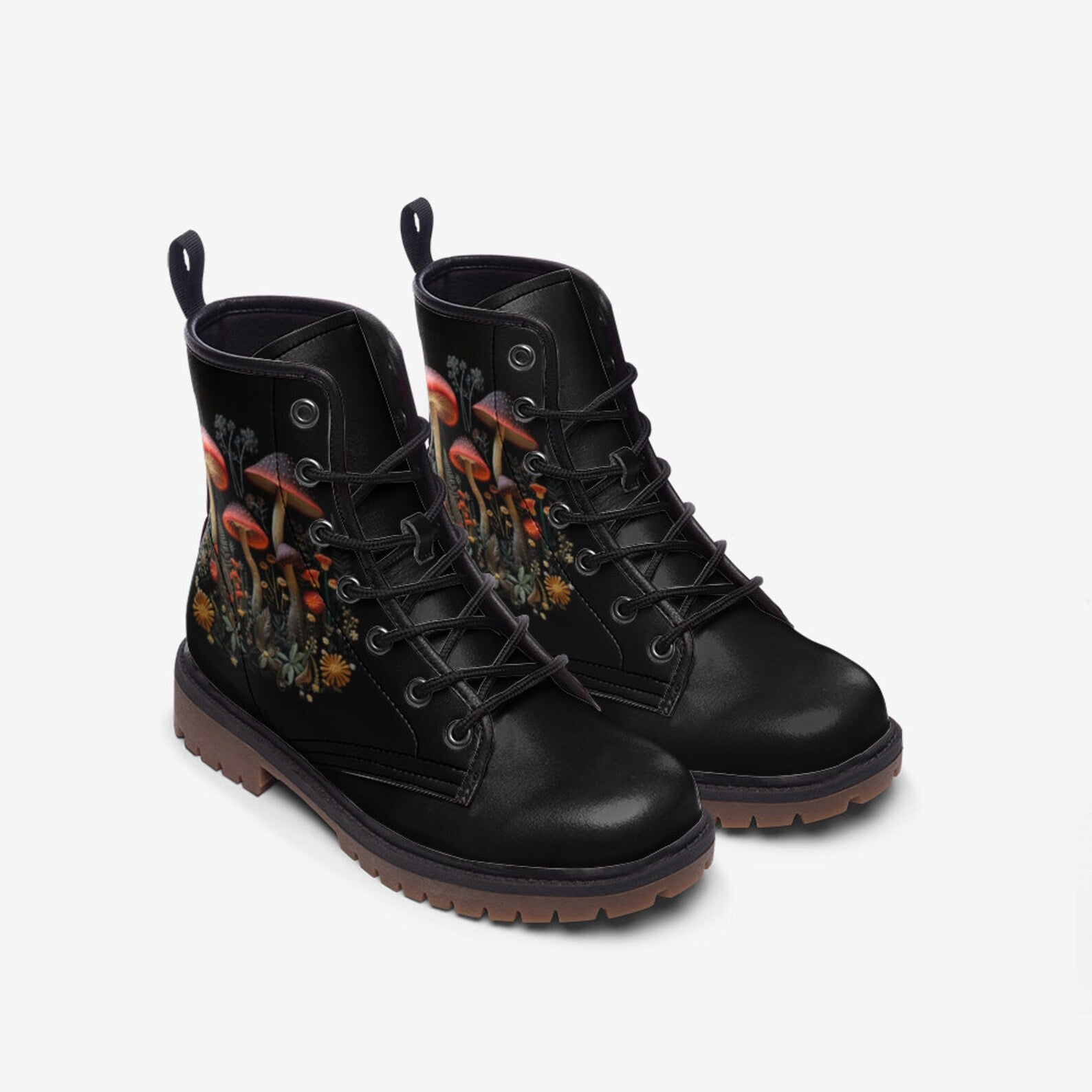 Hippie Art Zone - Dark Cottagecore Faux Embroidery Mushroom Combat Boots.