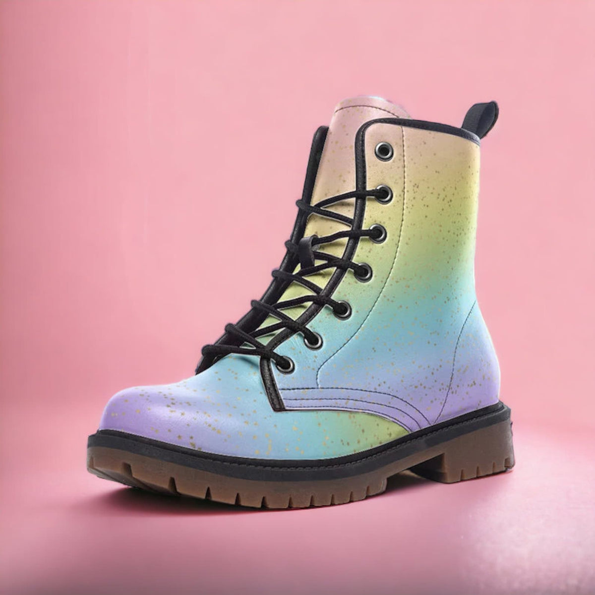 Hippie Art Zone - Pastel Rainbow Stripes Vegan Leather Combat Boots.