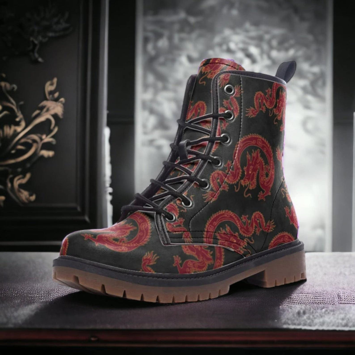 Hippie Art Zone - Red Chinese Dragons Combat Boots.