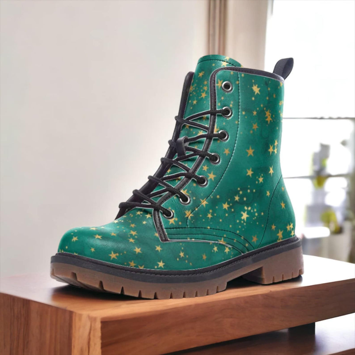 Hippie Art Zone - Teal &amp; Gold Stars Vegan Combat Boots.