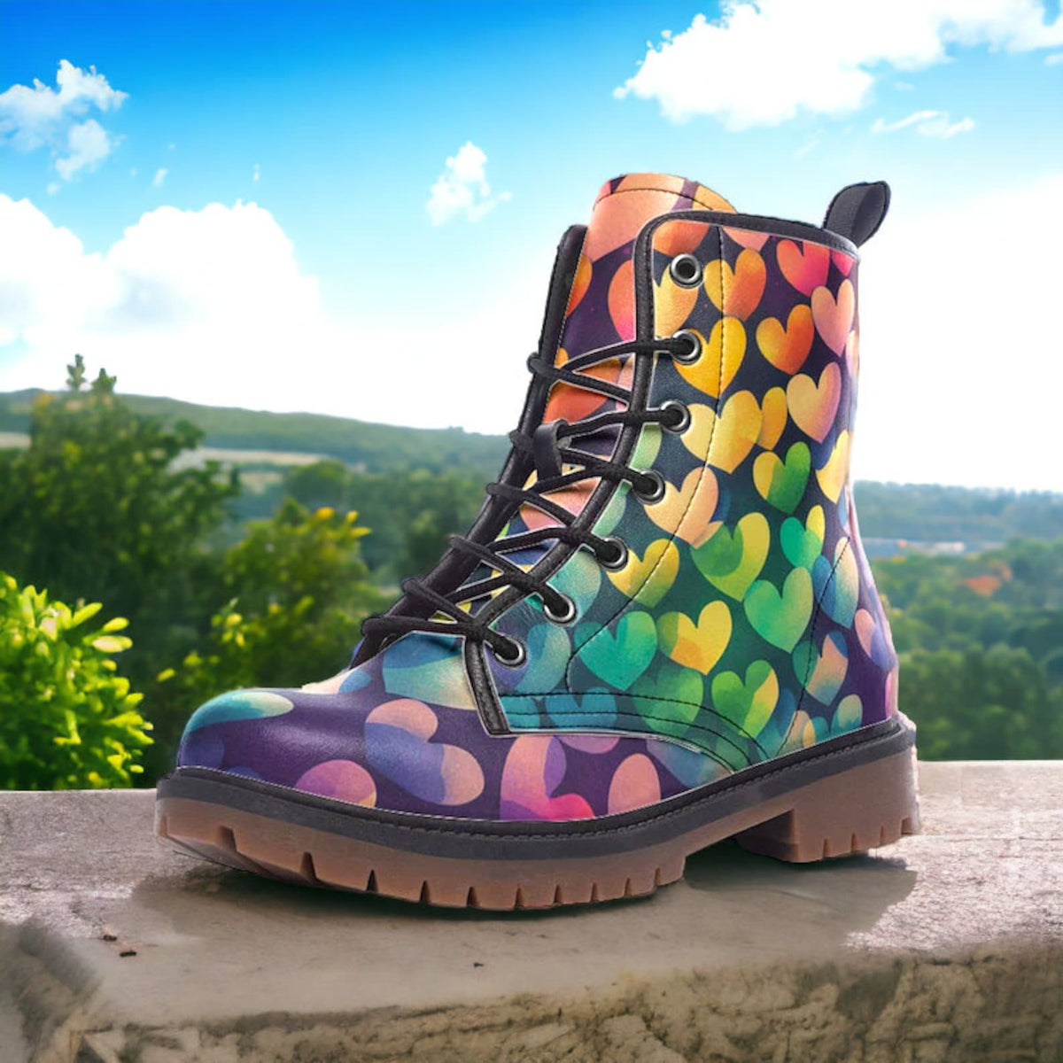 Hippie Art Zone - Rainbow Watercolor Hearts, Fantasy Faux Leather Boots.