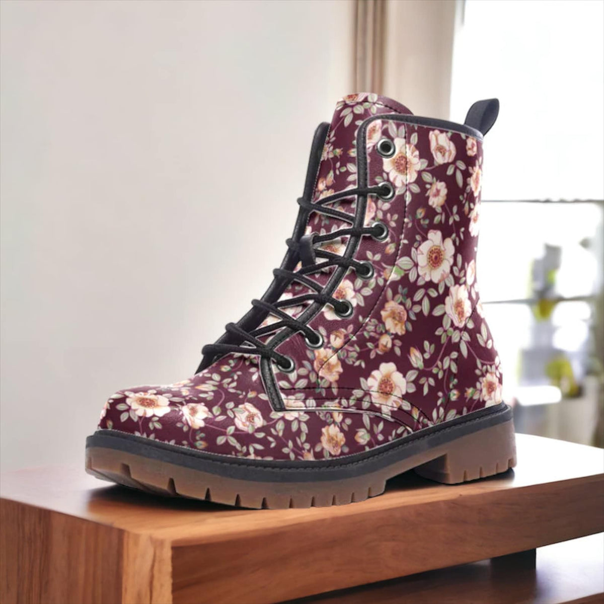 Hippie Art Zone - Deep Red &amp; White Floral Vegan Boots.