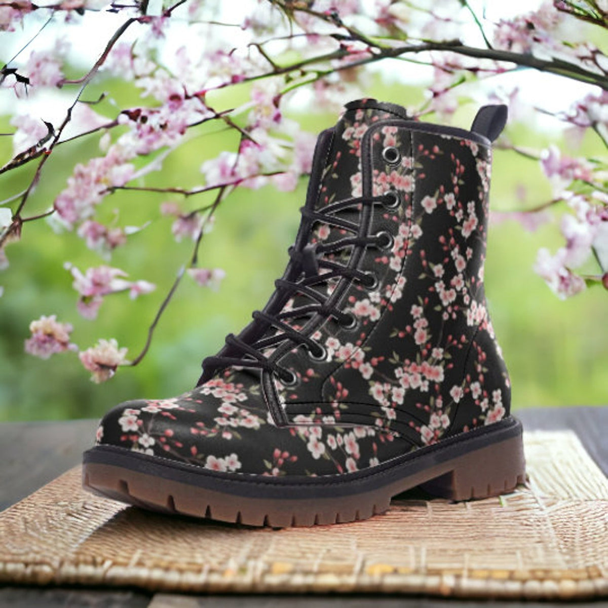 Hippie Art Zone - Cherry Blossoms Vegan Combat Boots.