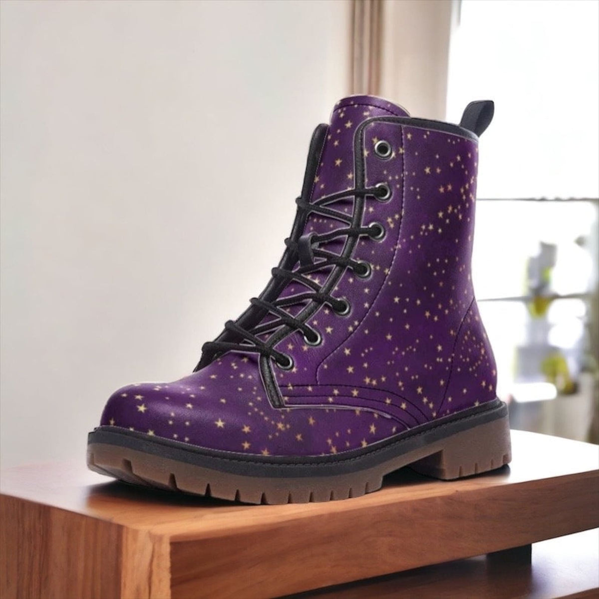 Hippie Art Zone - Purple &amp; Gold Stars Vegan Combat Boots.