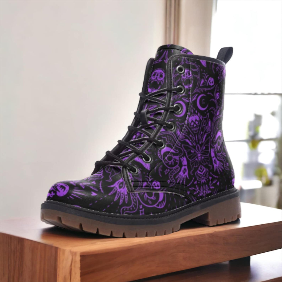 Hippie Art Zone - Purple Skulls Moths Faux Leather Combat Boots.