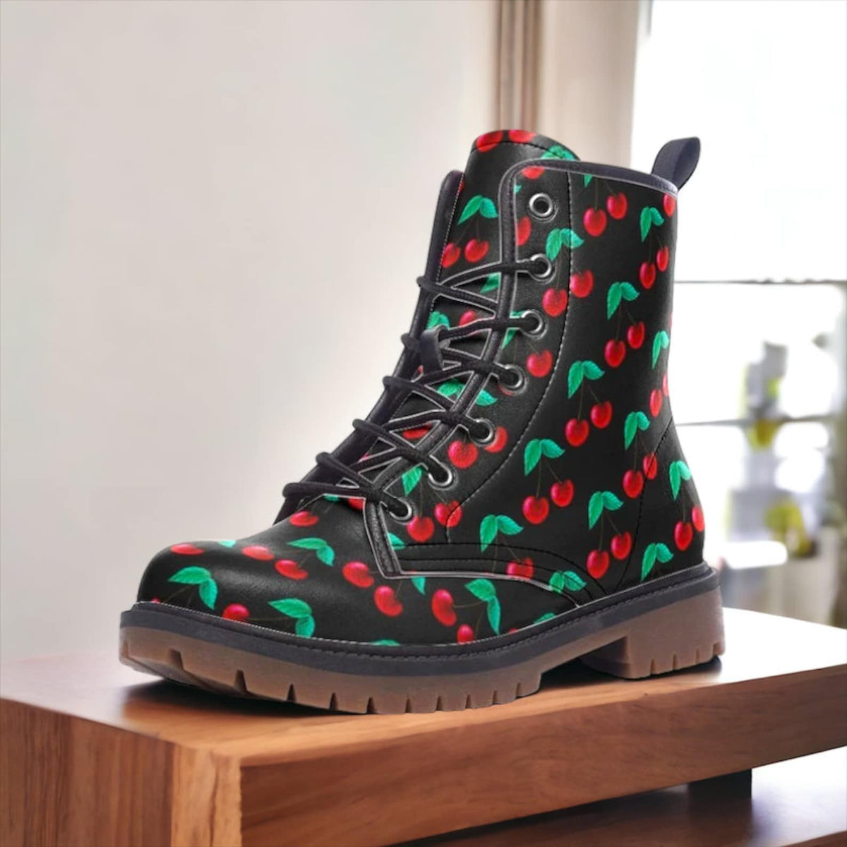 Hippie Art Zone - Cherry Vegan Combat Boots.