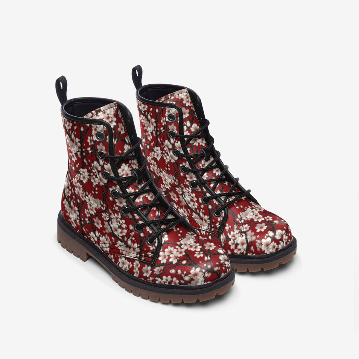 Hippie Art Zone - Red Cherry Blossoms Vegan Combat Boots, Red Sakura Boots.