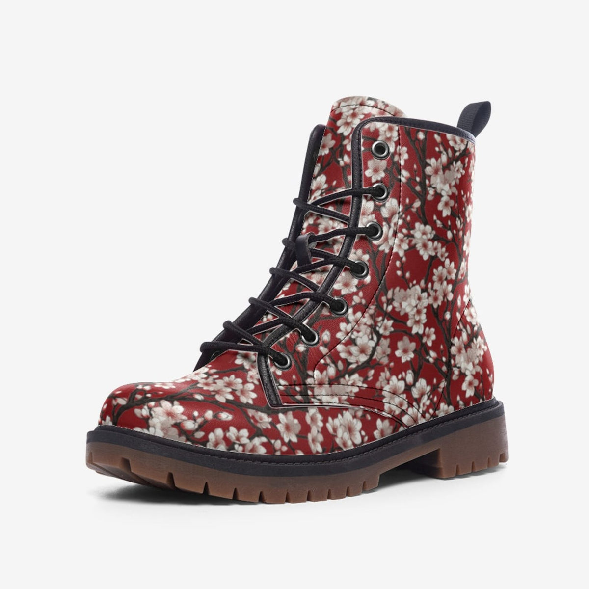 Hippie Art Zone - Red Cherry Blossoms Vegan Combat Boots, Red Sakura Boots.