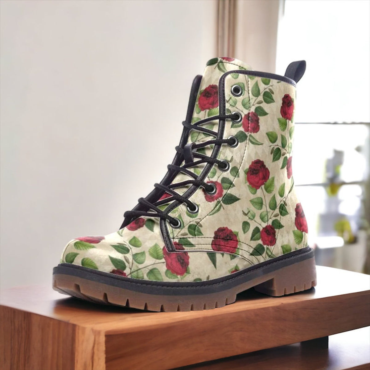 Hippie Art Zone - Ivory Harlequin Gothic Red Roses boots.