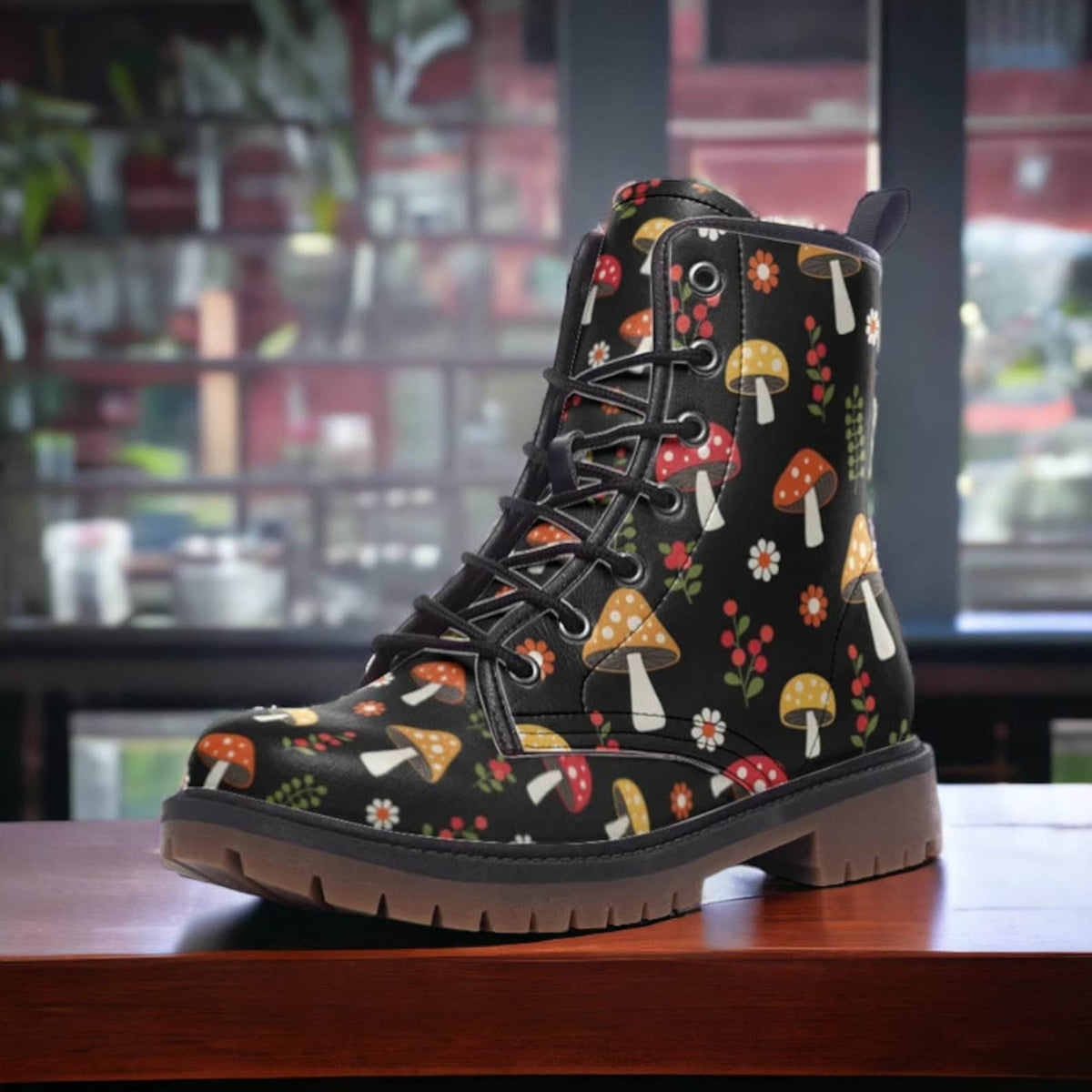 Hippie Art Zone - Woodland Mushrooms Vegan Combat Boots.