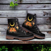 Hippie Art Zone - Celestial Floral Moon & Moth Vegan Leather Combat Boots.