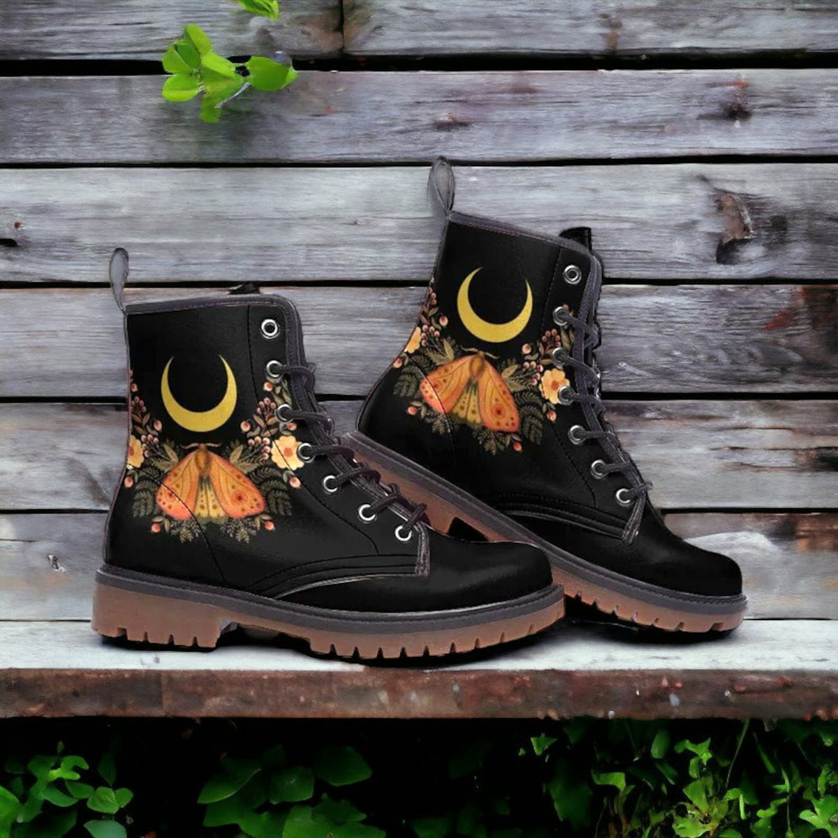 Hippie Art Zone - Celestial Floral Moon &amp; Moth Vegan Leather Combat Boots.