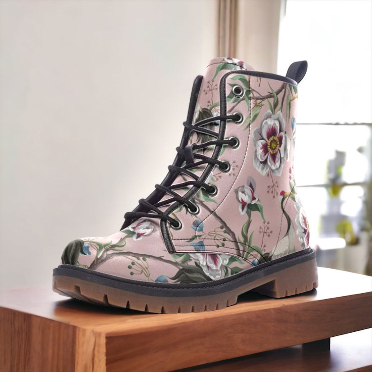 Hippie Art Zone - Pink &amp; White Floral Vegan Combat Boots.