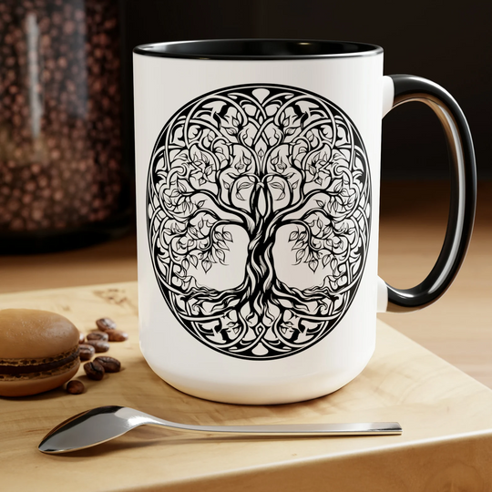 hippieartzone Mug - Tree of Life Mandala 15oz Two-Tone Coffee Mug.