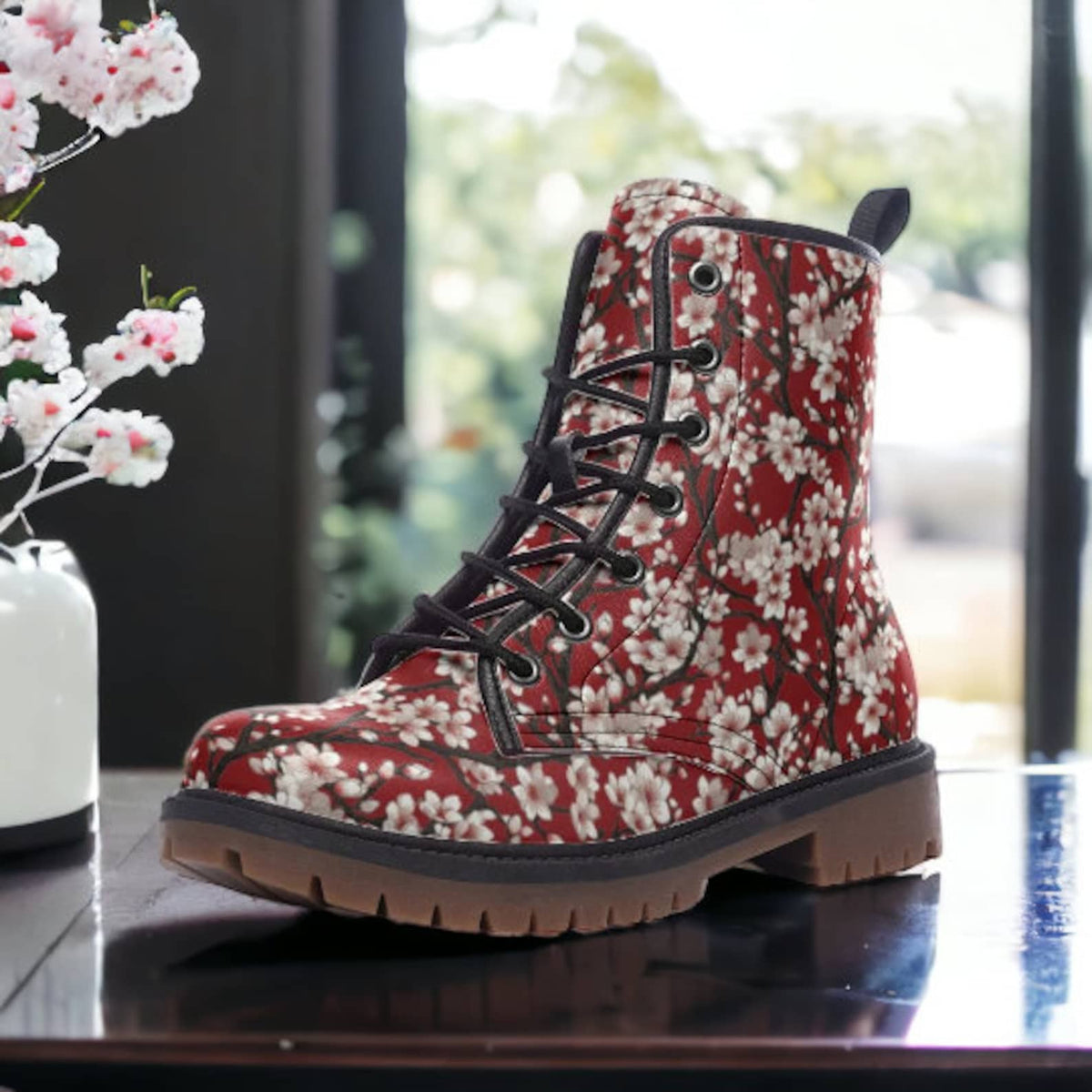 Hippie Art Zone - Red Cherry Blossoms Vegan Combat Boots, Red Sakura Boots.