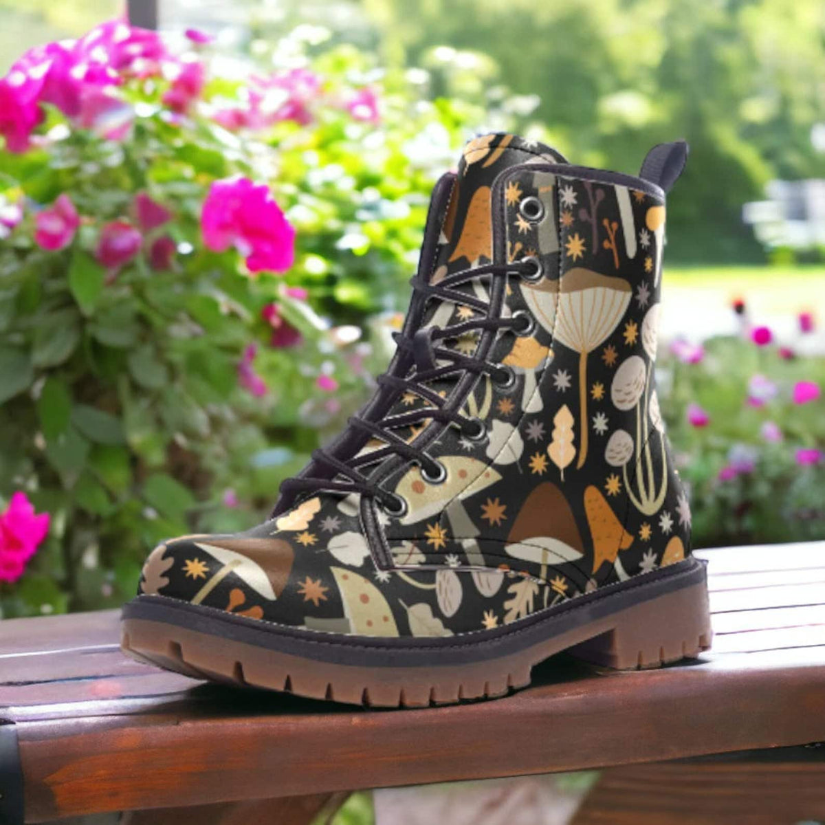 Hippie Art Zone - Woodland Mushrooms Vegan Combat Boots.