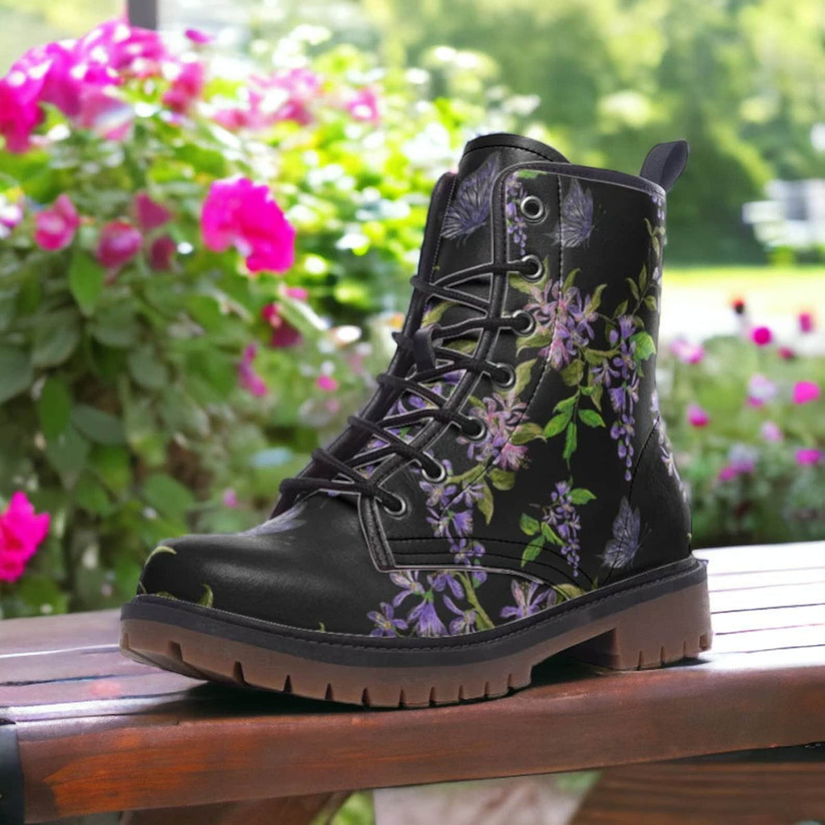 Hippie Art Zone - Dark Floral Vegan Leather Combat Boots.