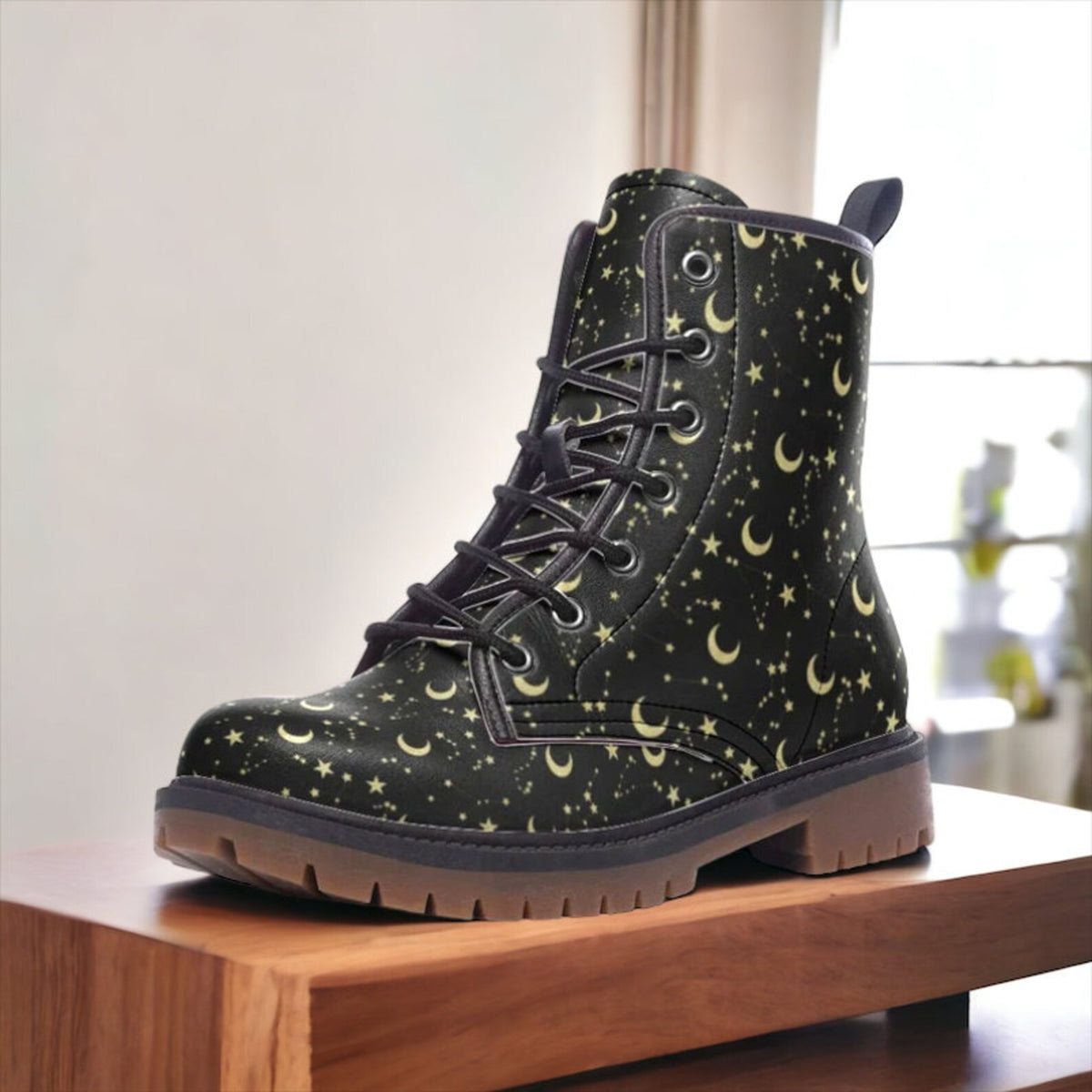 Hippie Art Zone - Moons &amp; Stars Vegan Combat Boots.