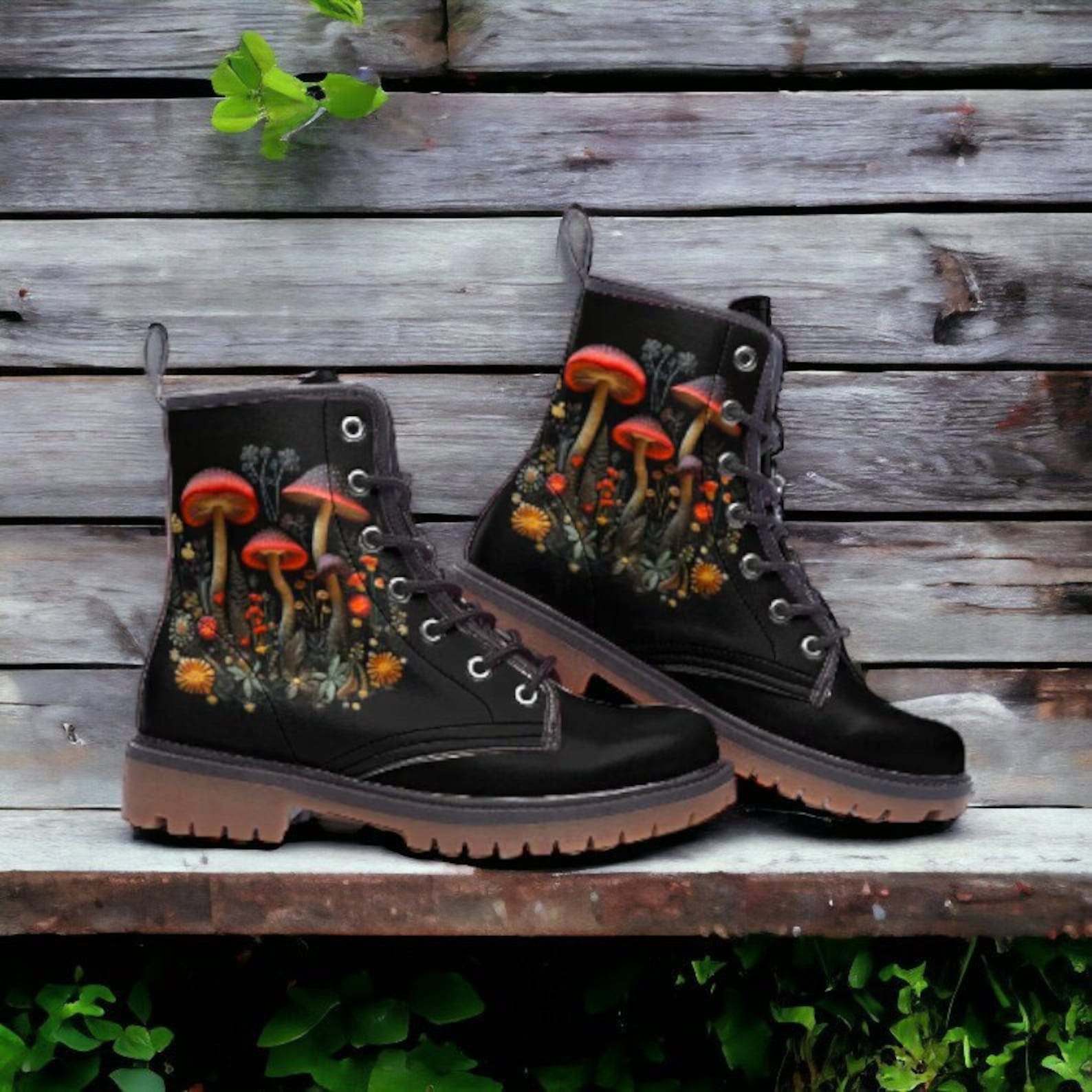 Hippie Art Zone - Dark Cottagecore Faux Embroidery Mushroom Combat Boots.