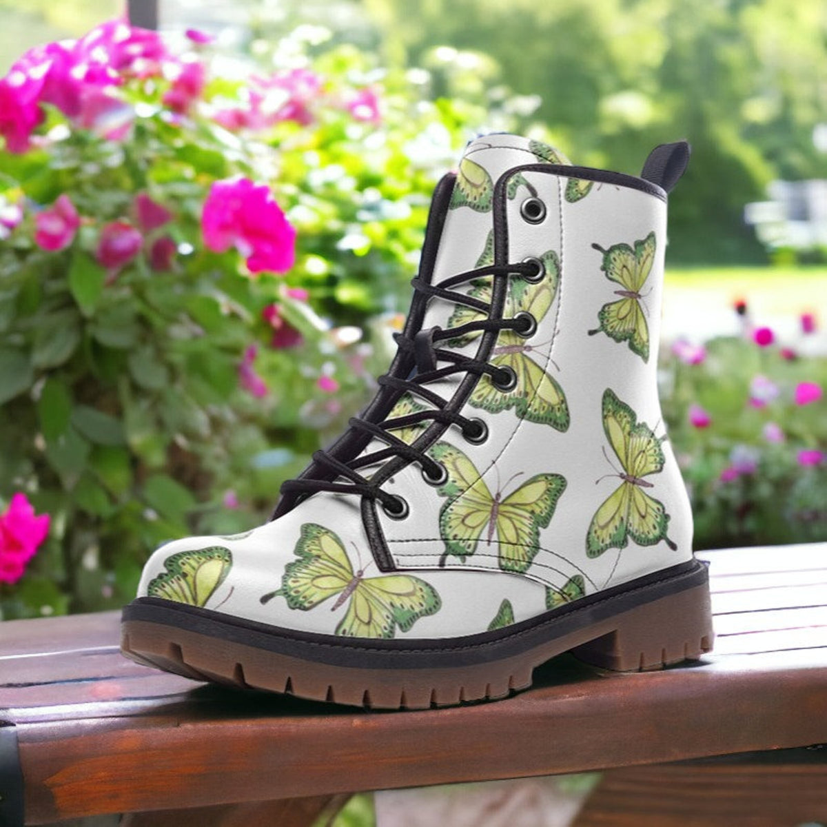 Hippie Art Zone - Boho Butterflies on White Vegan Combat Boots.