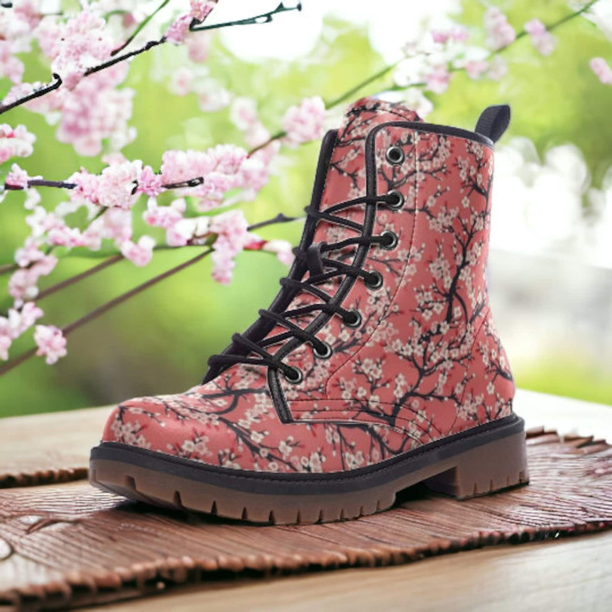 Hippie Art Zone - Cherry Blossoms Vegan Combat Boots.