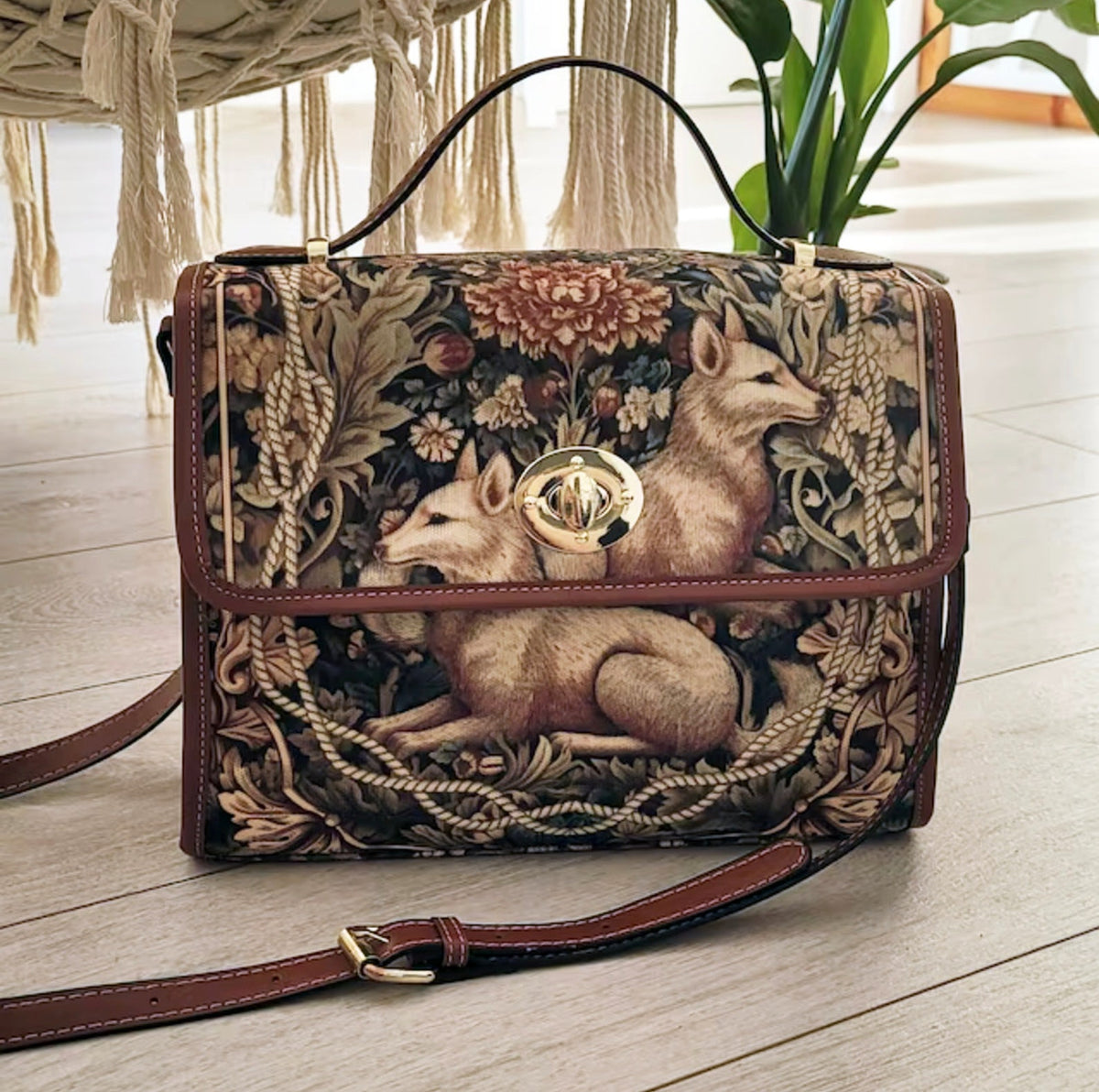 Retro Fox In The Forest Canvas Satchel Handbag For Boho Hippie