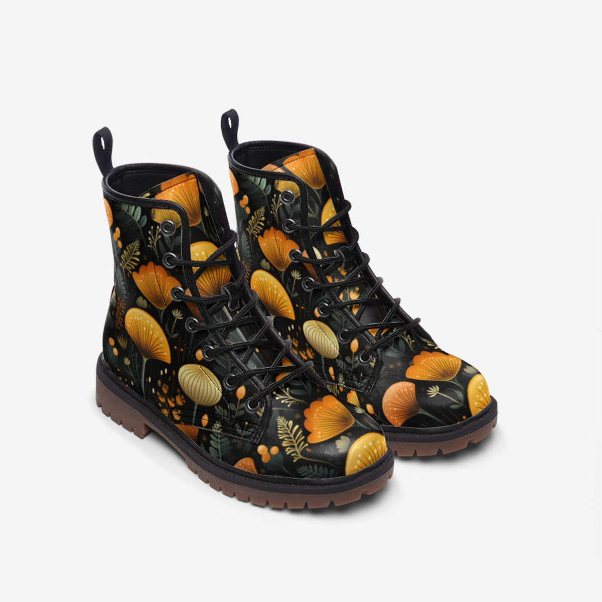 Hippie Art Zone - Boho Forest Mushrooms Ferns Combat Boots.