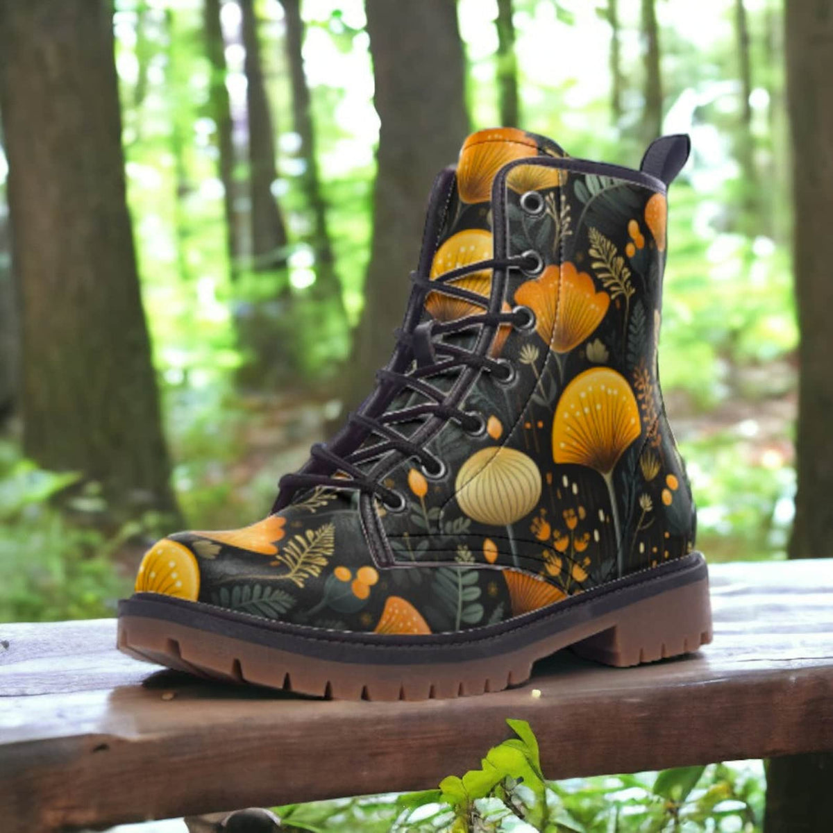 Hippie Art Zone - Boho Forest Mushrooms Ferns Combat Boots.