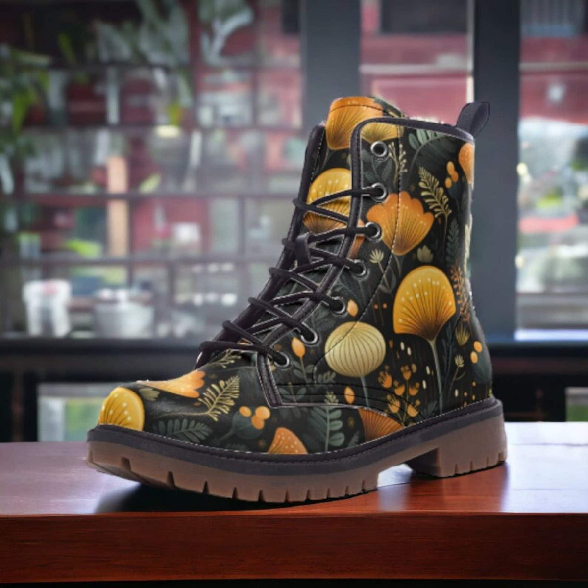 Hippie Art Zone - Boho Forest Mushrooms Ferns Combat Boots.