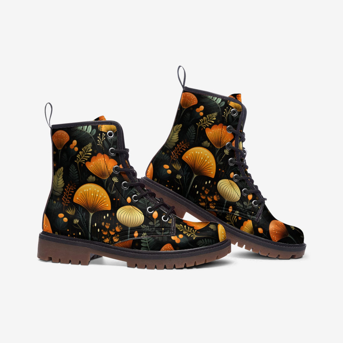 Hippie Art Zone - Boho Forest Mushrooms Ferns Combat Boots.