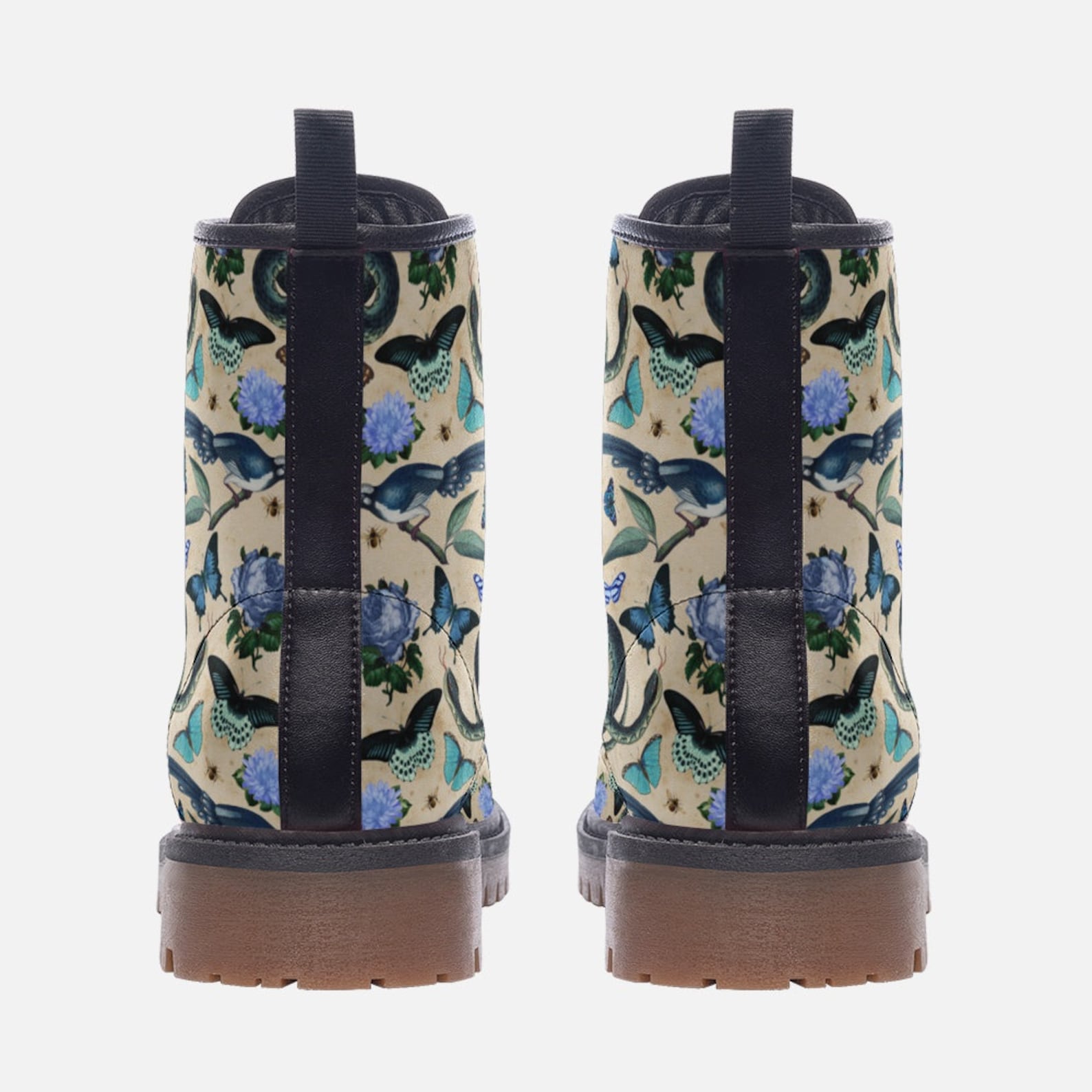 Hippie Art Zone - Boho Whimsical Blue and White Forestcore Vegan Combat Boot.