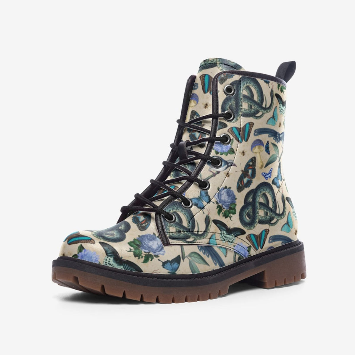 Hippie Art Zone - Boho Whimsical Blue and White Forestcore Vegan Combat Boot.