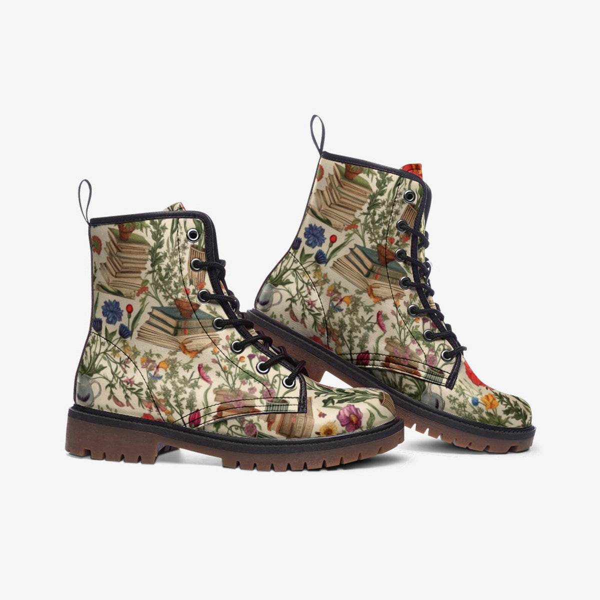 Hippie Art Zone - Books and Cottage Flowers Vegan Combat Boots.