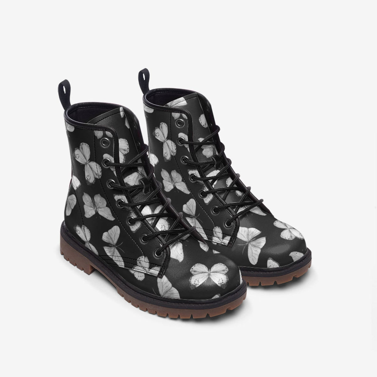 Hippie Art Zone - Black &amp; White Butterflies Vegan Combat Boots.