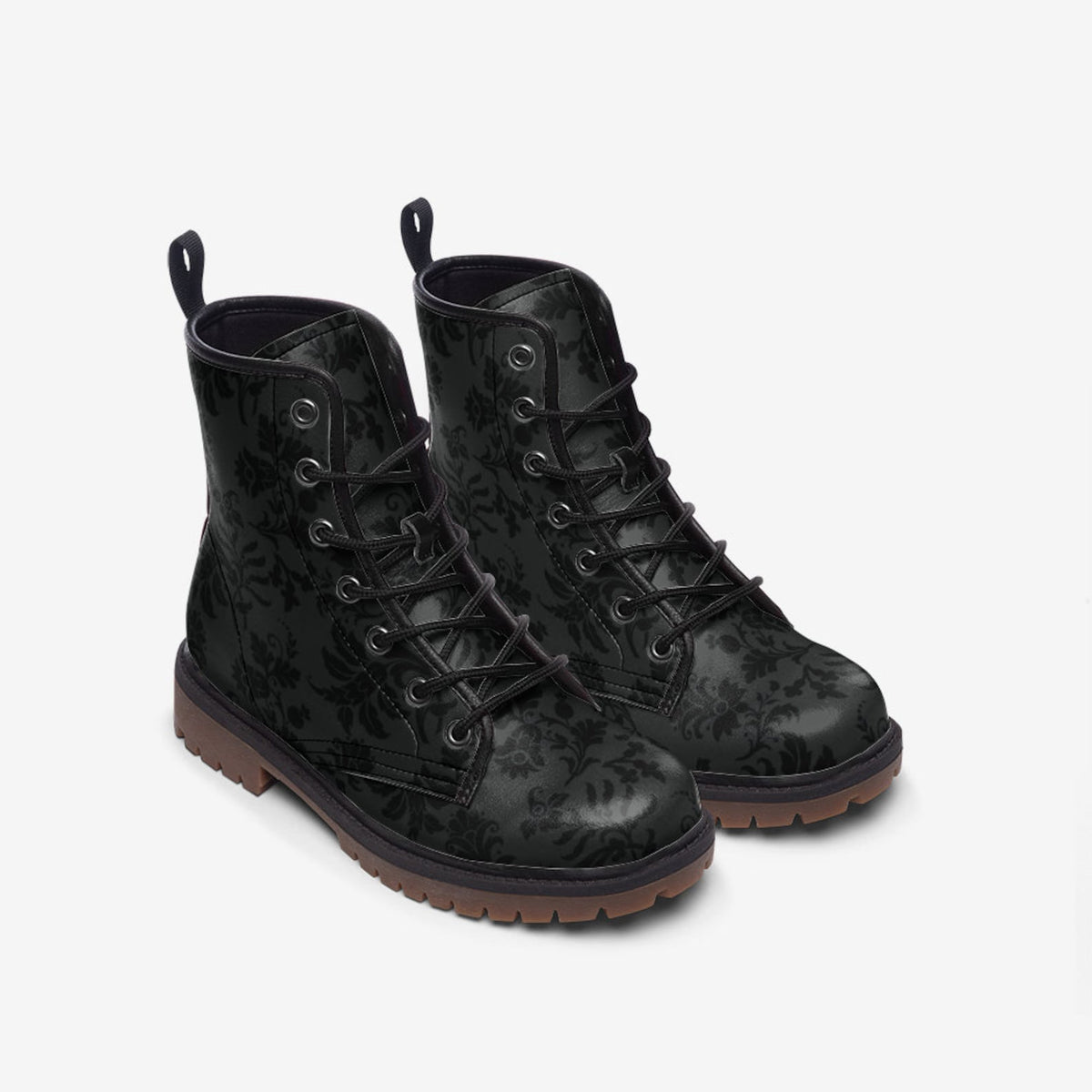 Hippie Art Zone - Black Gothic Brocade Vegan Combat Boots.