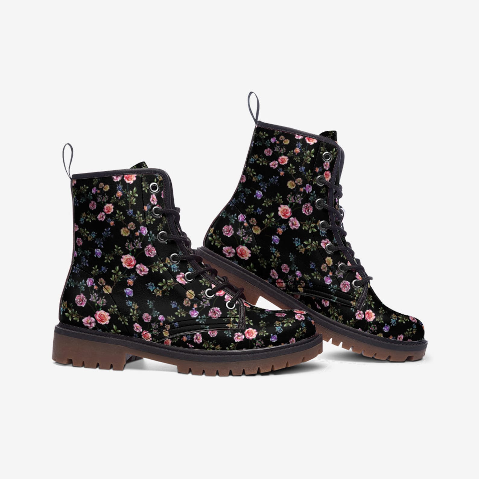 Hippie Art Zone - Cottage Dark Ditsy Floral Vegan Combat Boots.